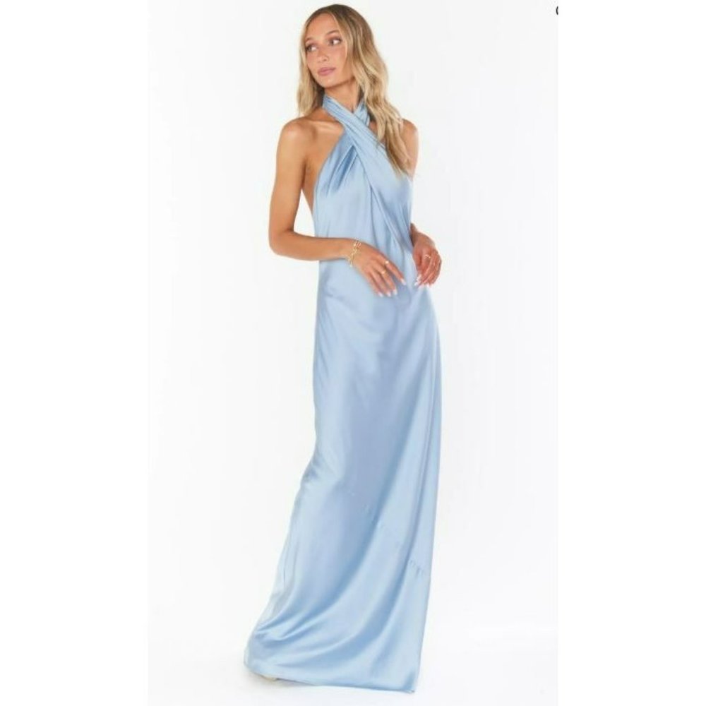 Show Me Your Mumu Jasmine Halter Maxi Dress Steel Blue Luxe Satin Size S